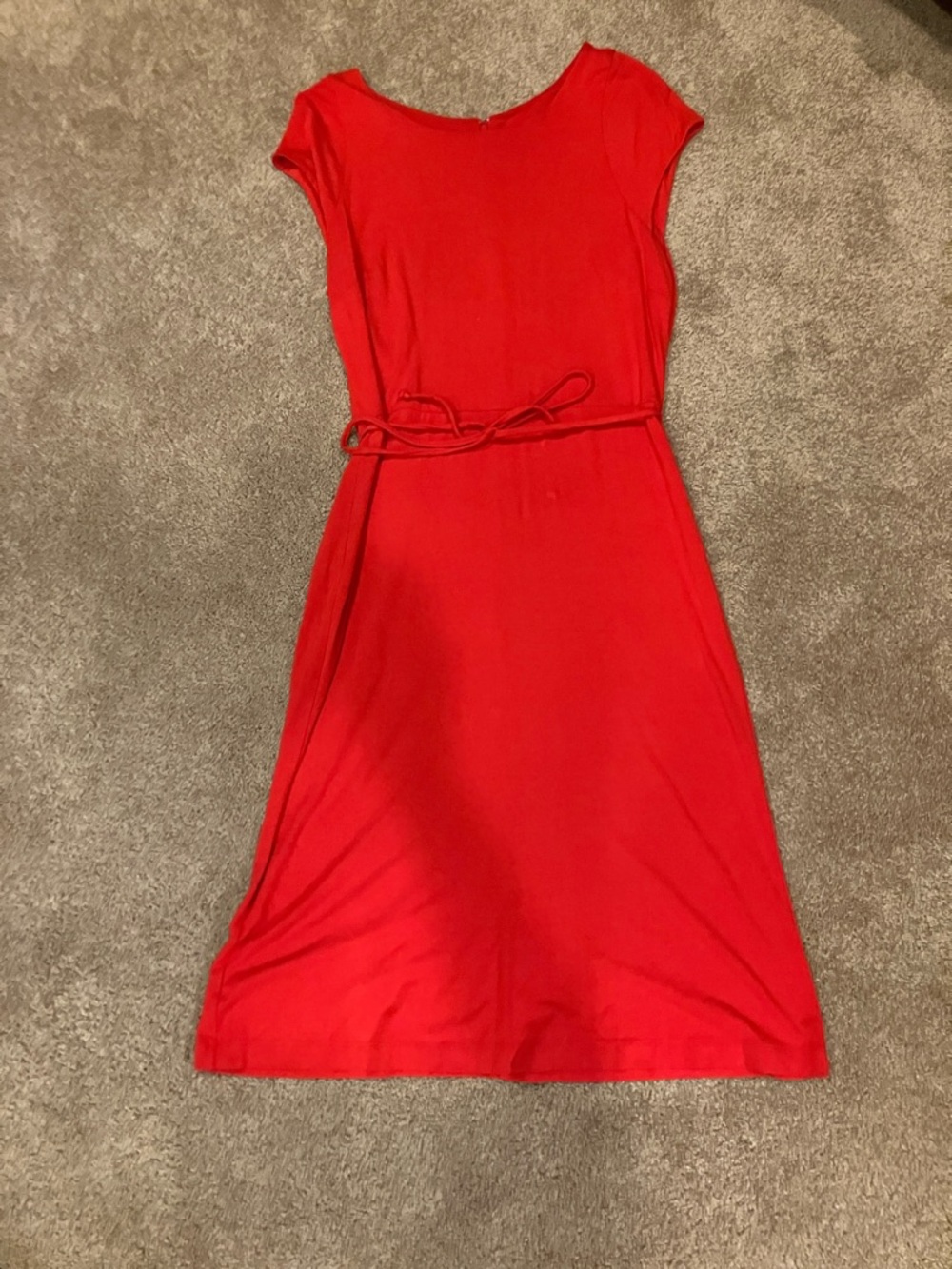 Ann Taylor Red Cap-Sleeve Midi Dress with Waist Tie